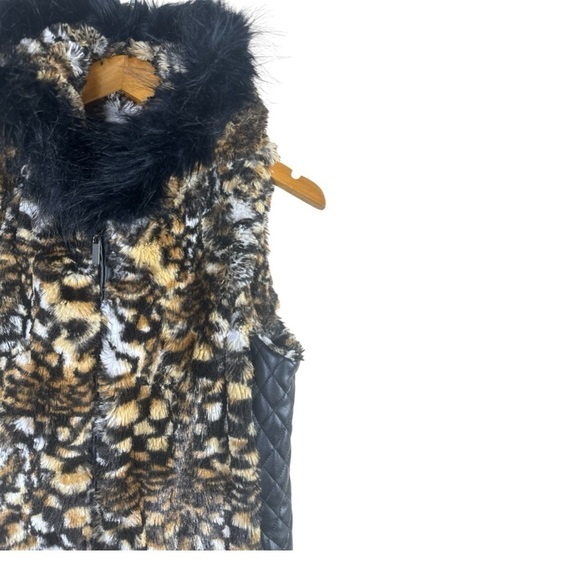 Adrienne Landau Leopard Faux Fur Long Hooded Vest w/ Quilted Leather Sides Med - Picture 3 of 14